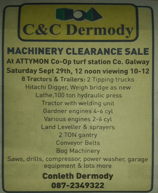 MACHINERY CLEARANCE SALE at Attymon Co-op turf station